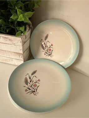 Set of 4 Vintage Homer Laughlin Duratone Aqua Rim Salad Luncheon Plates USA